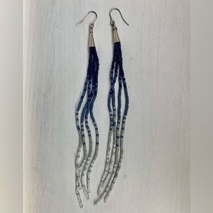 Blue and white handmade beaded earrings